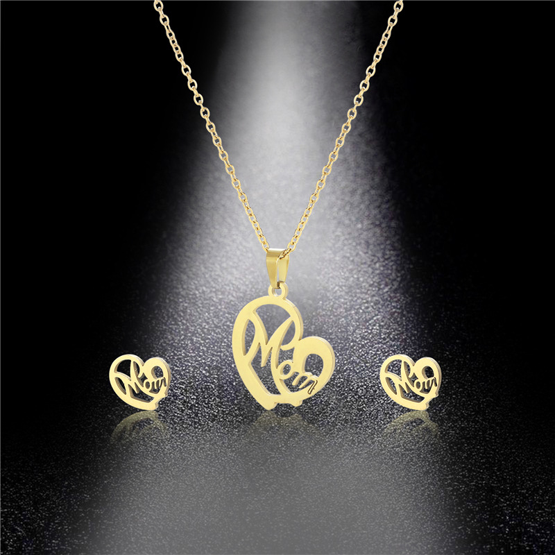 Stainless steel heart-shaped mom necklace and earring